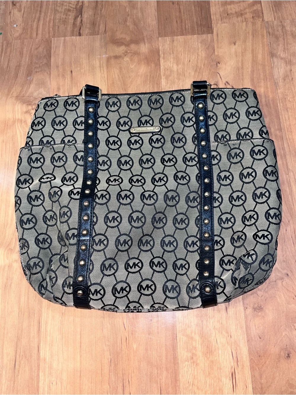Michael Kors Black MK Logo Canvas Tote with Studded Straps